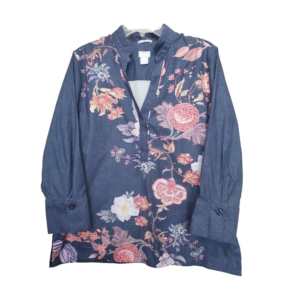 Chico's No Iron Chic Stretch Denim-Look Floral Henley Tunic Size 2 Large